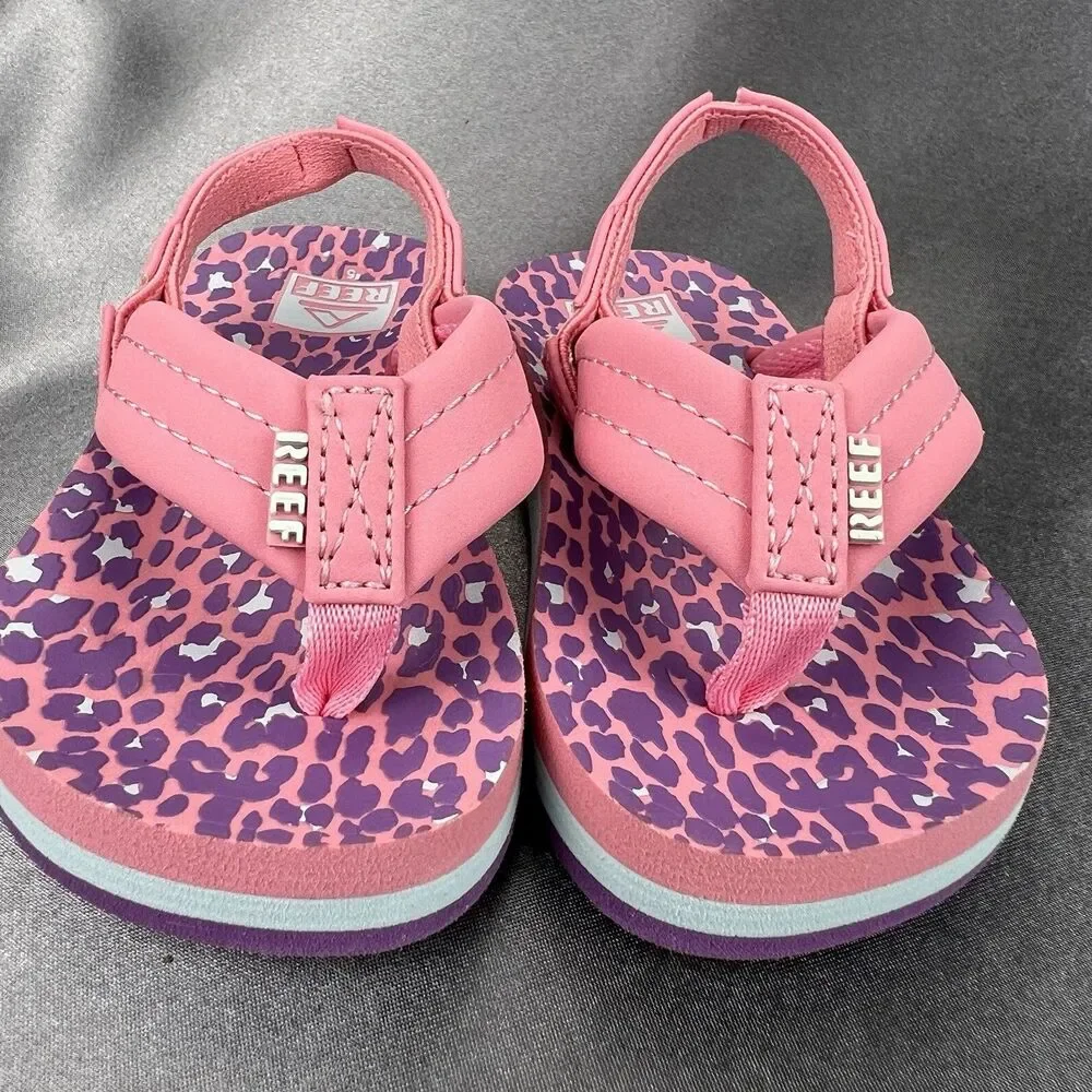 REEF Lil Ahi Toddler's 5 Slingback‎ Sandals Pink Cheetah Summer Flip Flops Beach
